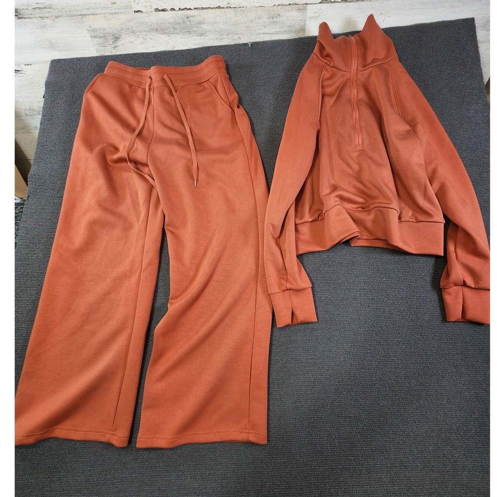 Tracksuit Set Women Size M Rust Orange Quarter Zip Wide Leg
